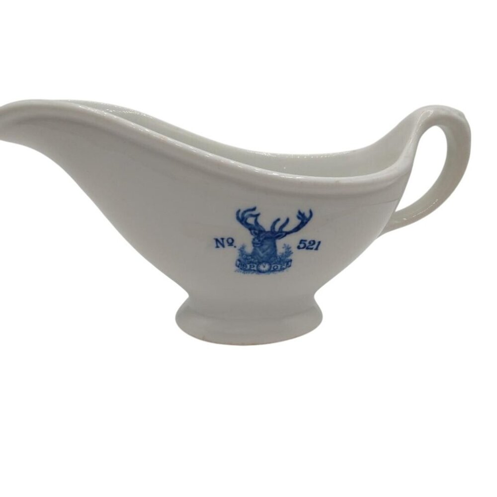 Vintage White Gravy Boat With Blue Stag Crest No. 521 Porcelain 9" Long